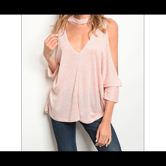 New Blush Top cold shoulder jersey choker neck - Picture 3 of 4